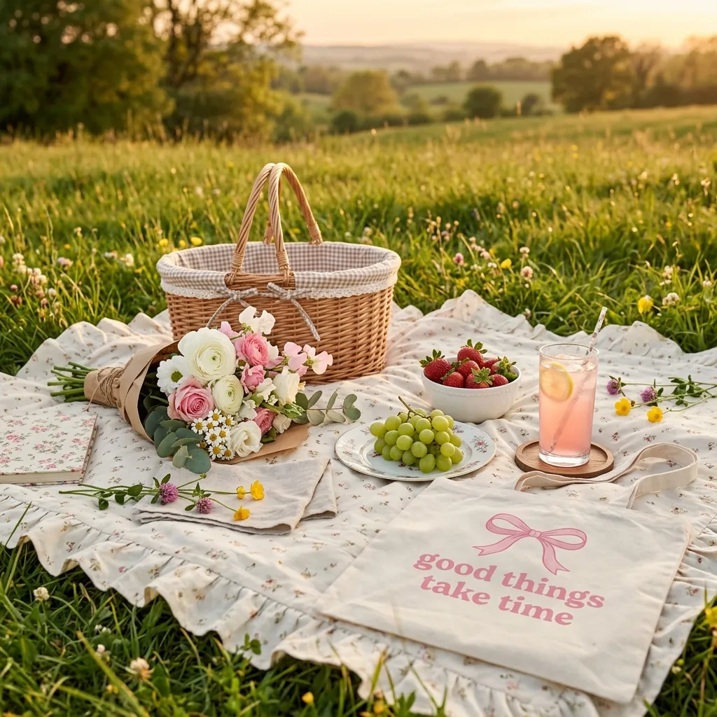Cozy coquette picnic scene with painted tote bag and lemonade