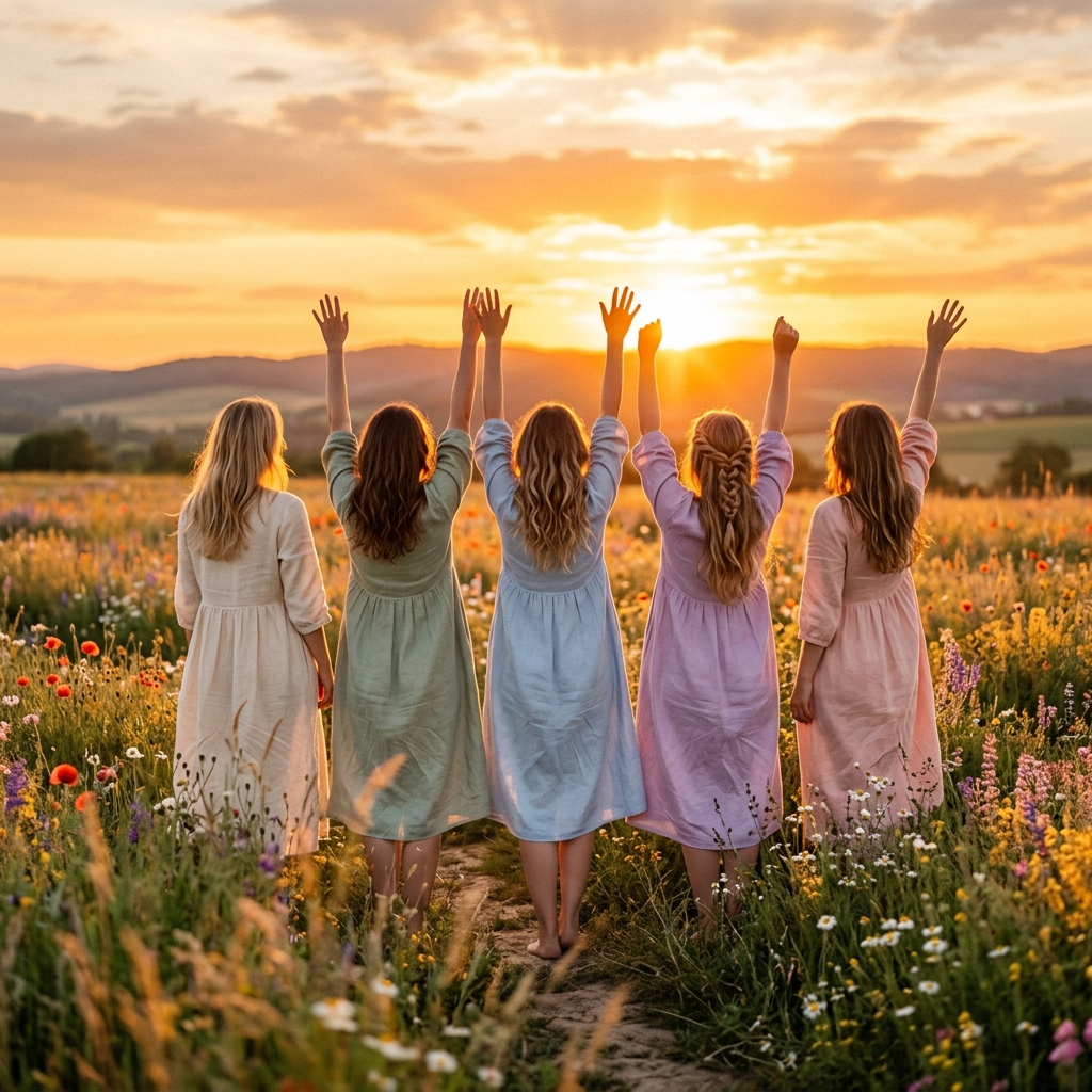 Girls raising hands at sunset meadow